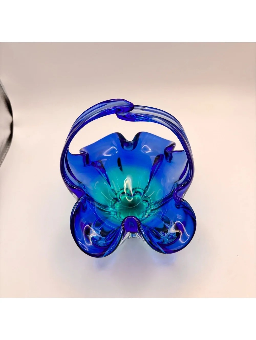 Vintage Cobalt Blue Hand-Blown Art Glass Basket Ruffled Rim Murano Style